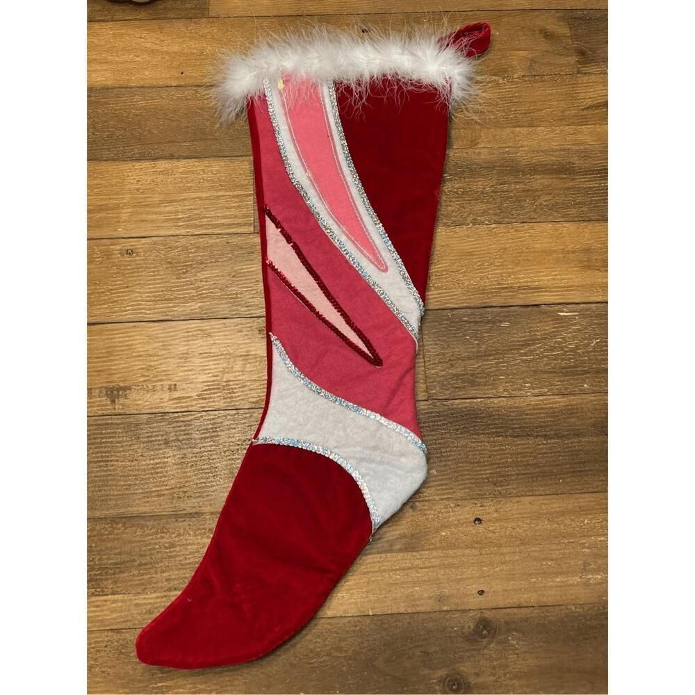Pier 1 Christmas stocking contemporary pink red sequins faux fur feathers
